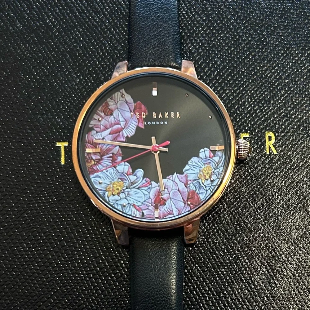 TED BAKER KATE WATCH WITH 32 BLACK FLORAL FACE & BLACK LEATHER BAND